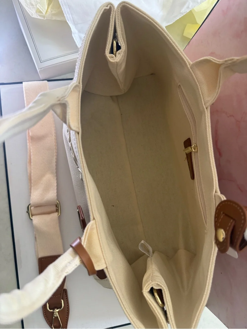 Designer Inspired Cream Canvas Tote with Tan Leather Trim